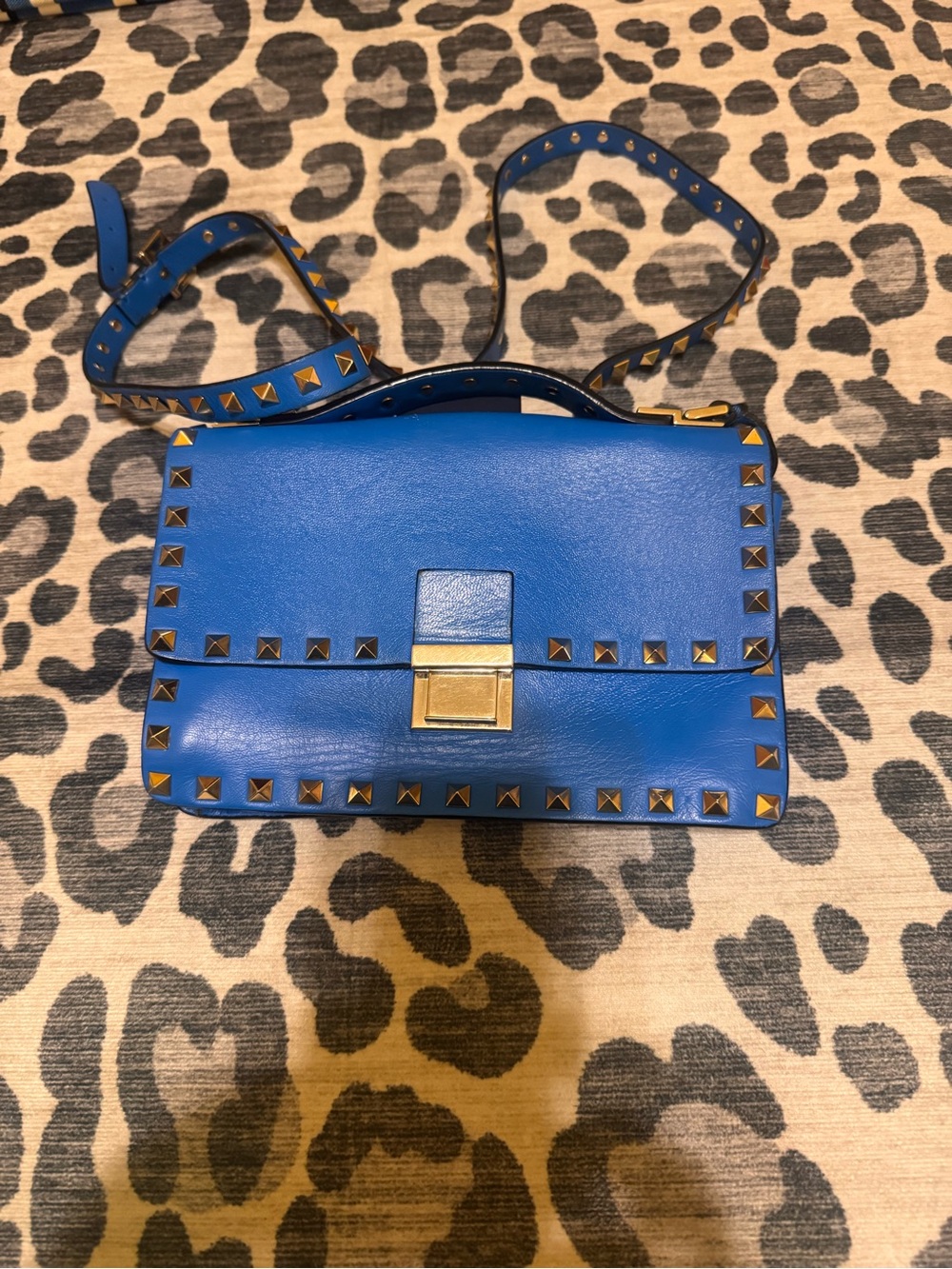 Valentino Garavani Rockstud Blue Leather Crossbody Bag with Gold Studs authentic